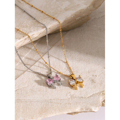18K Gold Bling Coquette Bow Pendant CZ Necklace