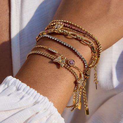 18K Gold Luxury Pink Butterfly Dainty Tennis Chain Bracelet Stack