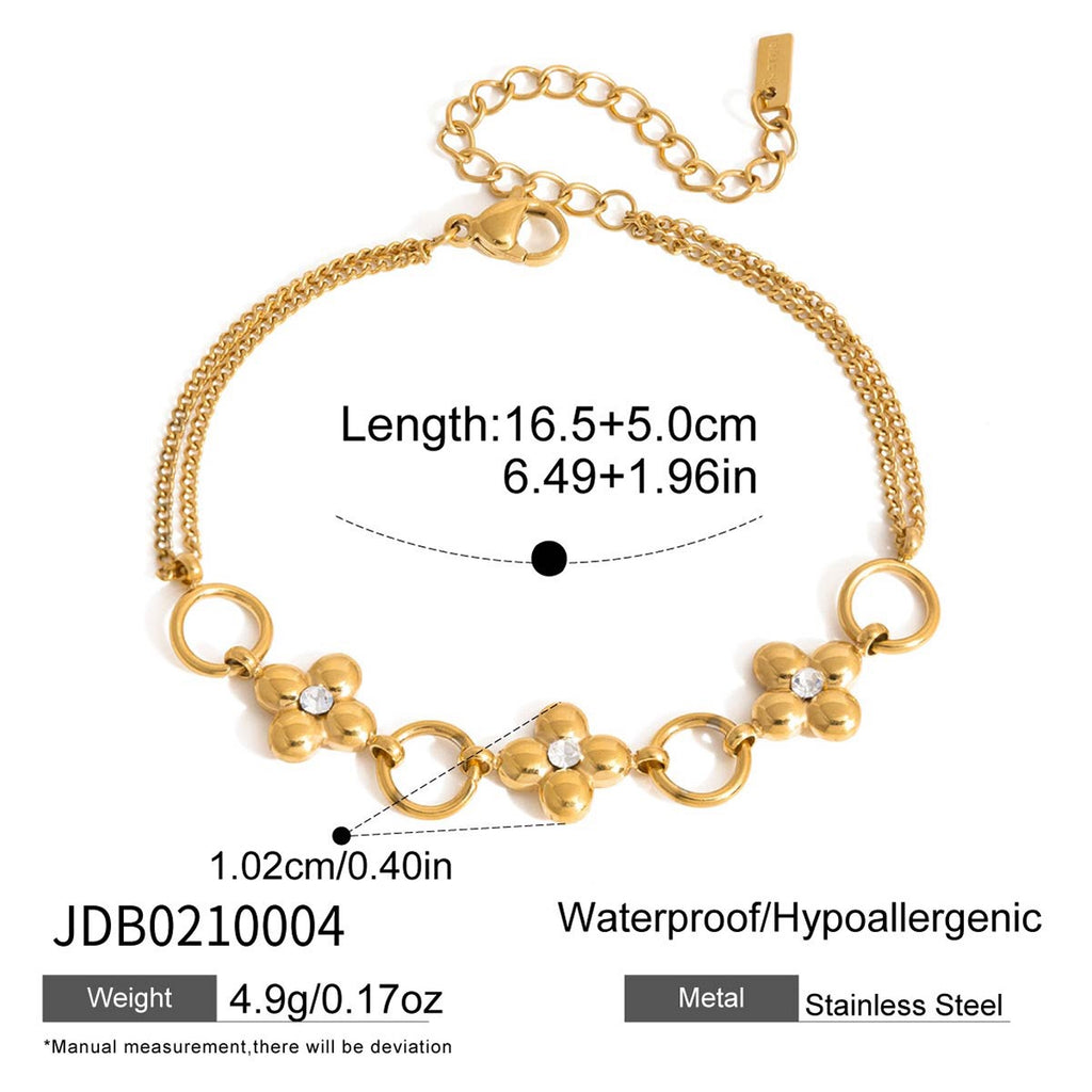 18K Gold Fortune Flower Four Leaf Clover Double Chain Bracelet
