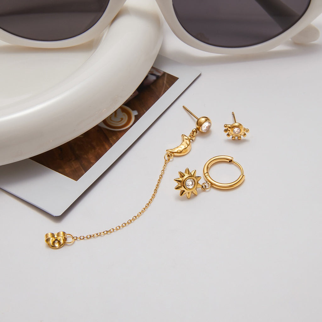 18K Gold Stars and Moon Celestial Huggie Chain Earrings Cartilage Stud Set