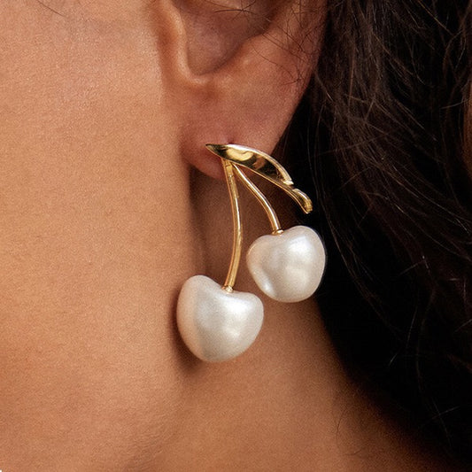 18K Gold Pearl Cherry Statement Dangle Stud Earrings