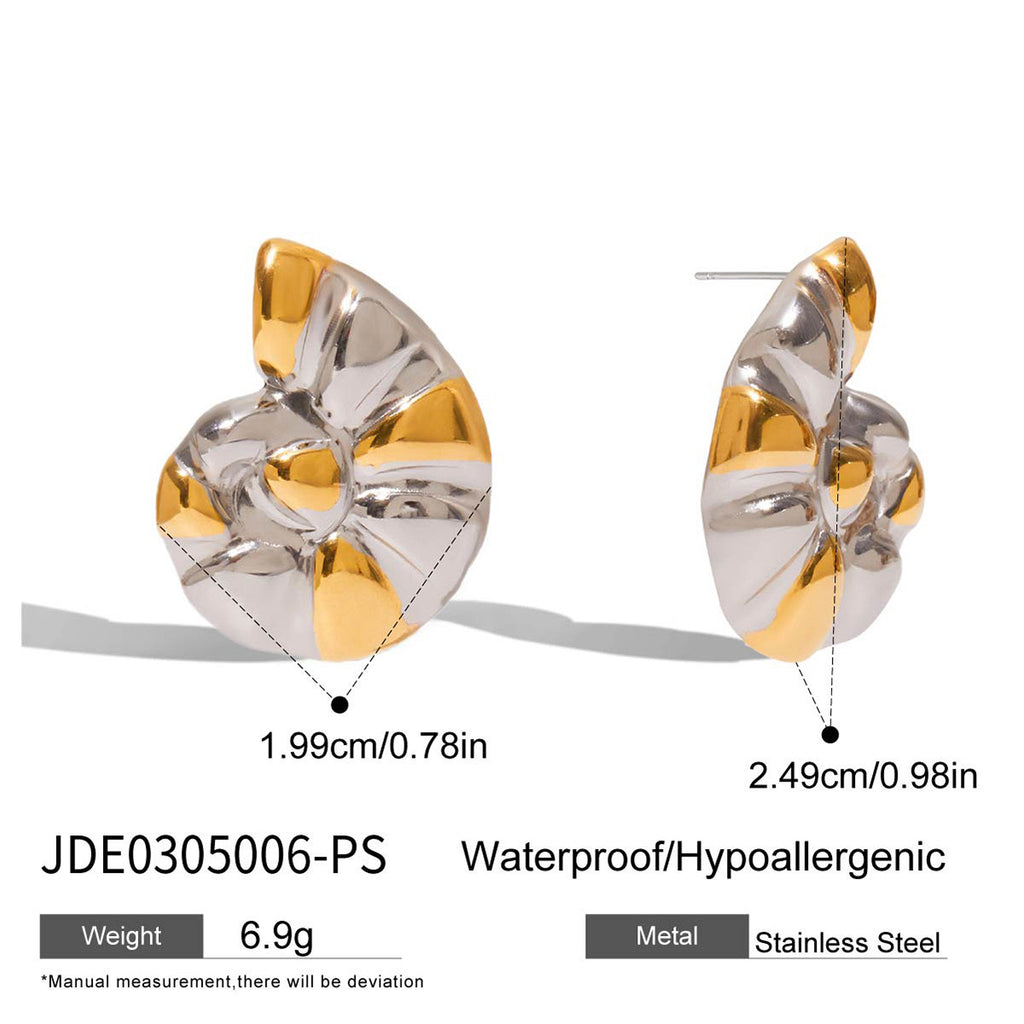 18K Gold Silver Two Tone Sea Shell Statement Stud Earrings