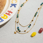18K Gold Dainty Star Pendant Ocean Blue Beaded Layered Necklace Set