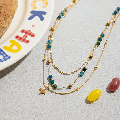 18K Gold Dainty Star Pendant Ocean Blue Beaded Layered Necklace Set