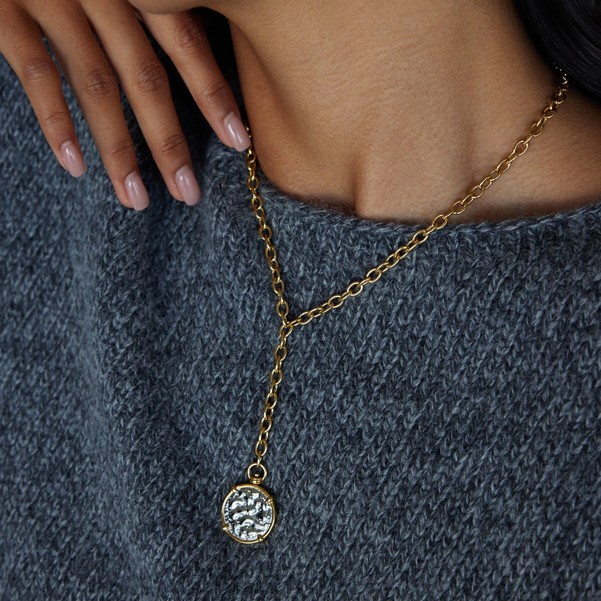 18K Gold Sun Goddess Y Shape Coin Pendant Necklace