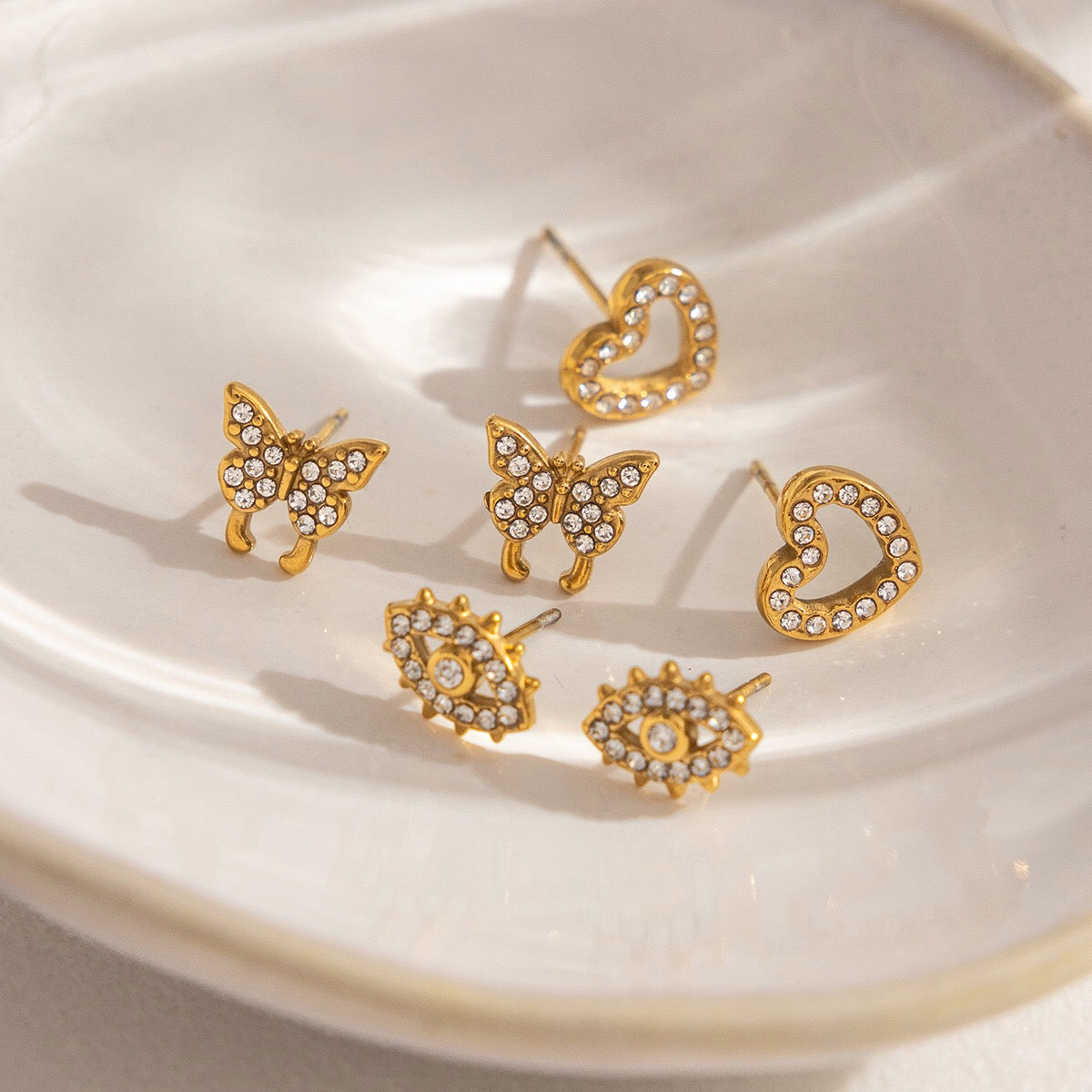 18K Gold Mini Icons Pave Heart Butterfly Cartilage Earrings Ear Studs