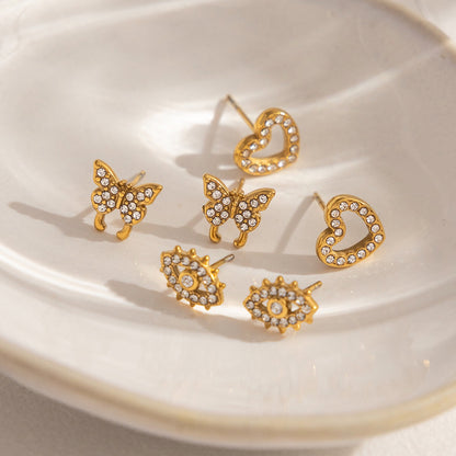 18K Gold Mini Icons Pave Heart Butterfly Cartilage Earrings Ear Studs
