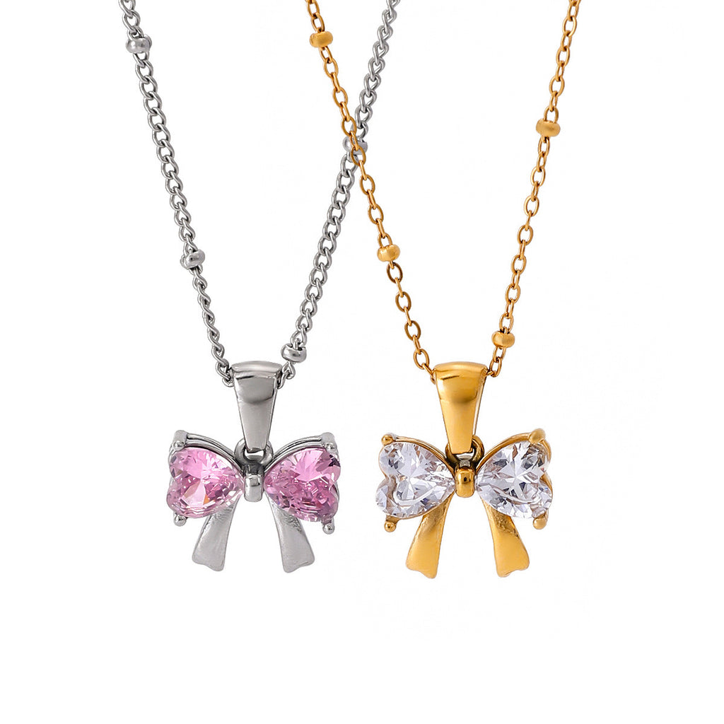 18K Gold Bling Coquette Bow Pendant CZ Necklace