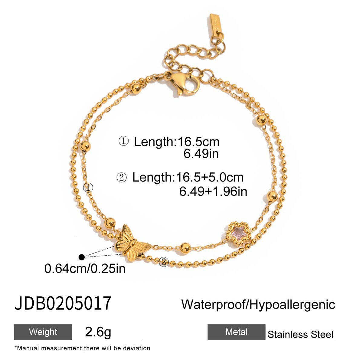 18K Gold Pink Princess Clean Girl Star Bow Heart Dainty Chain Bracelet Stack