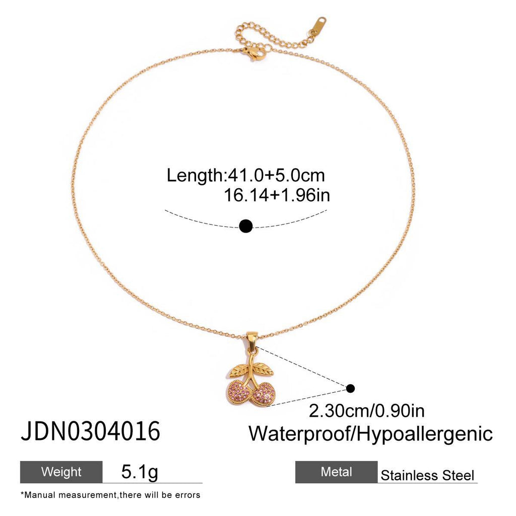 18K Gold Pink Cherry Pendant Herringbone Chain Layered Necklace Set