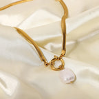 18K Gold Herringbone Snake Chain Pearl Pendant Charm Necklace