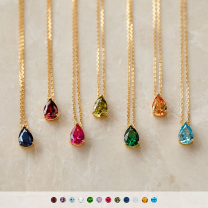 18K Gold Teardrop Birthstone Pendant Necklace