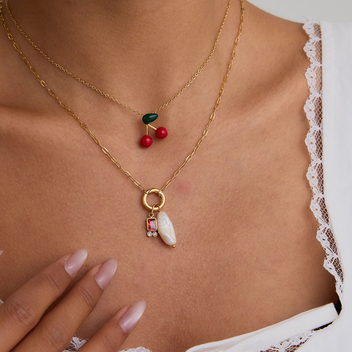 18K Gold Dainty Cherry Pendant Cute Choker Necklace