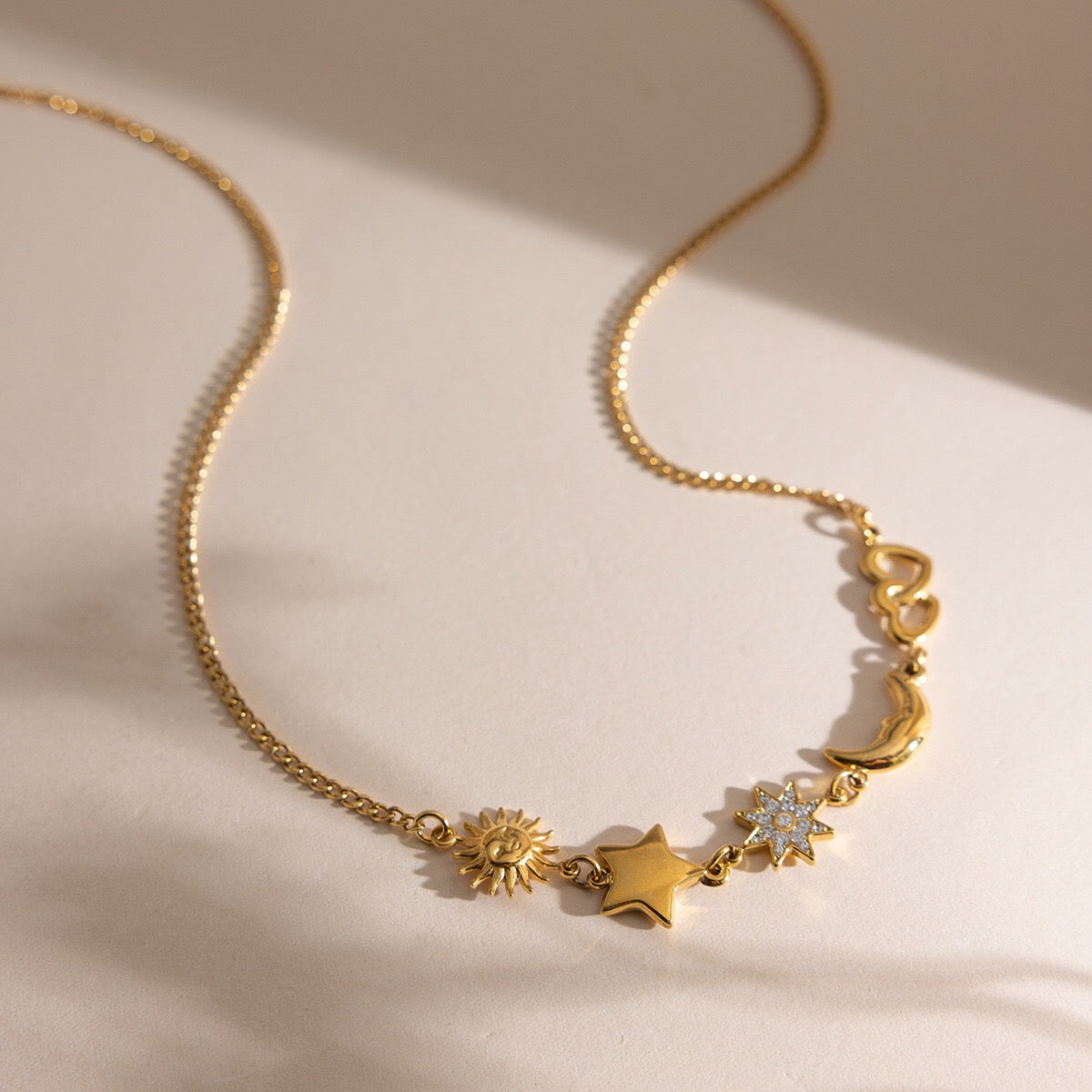 18K Gold Celestial Dream Sun Moon Star Heart Charm Necklace