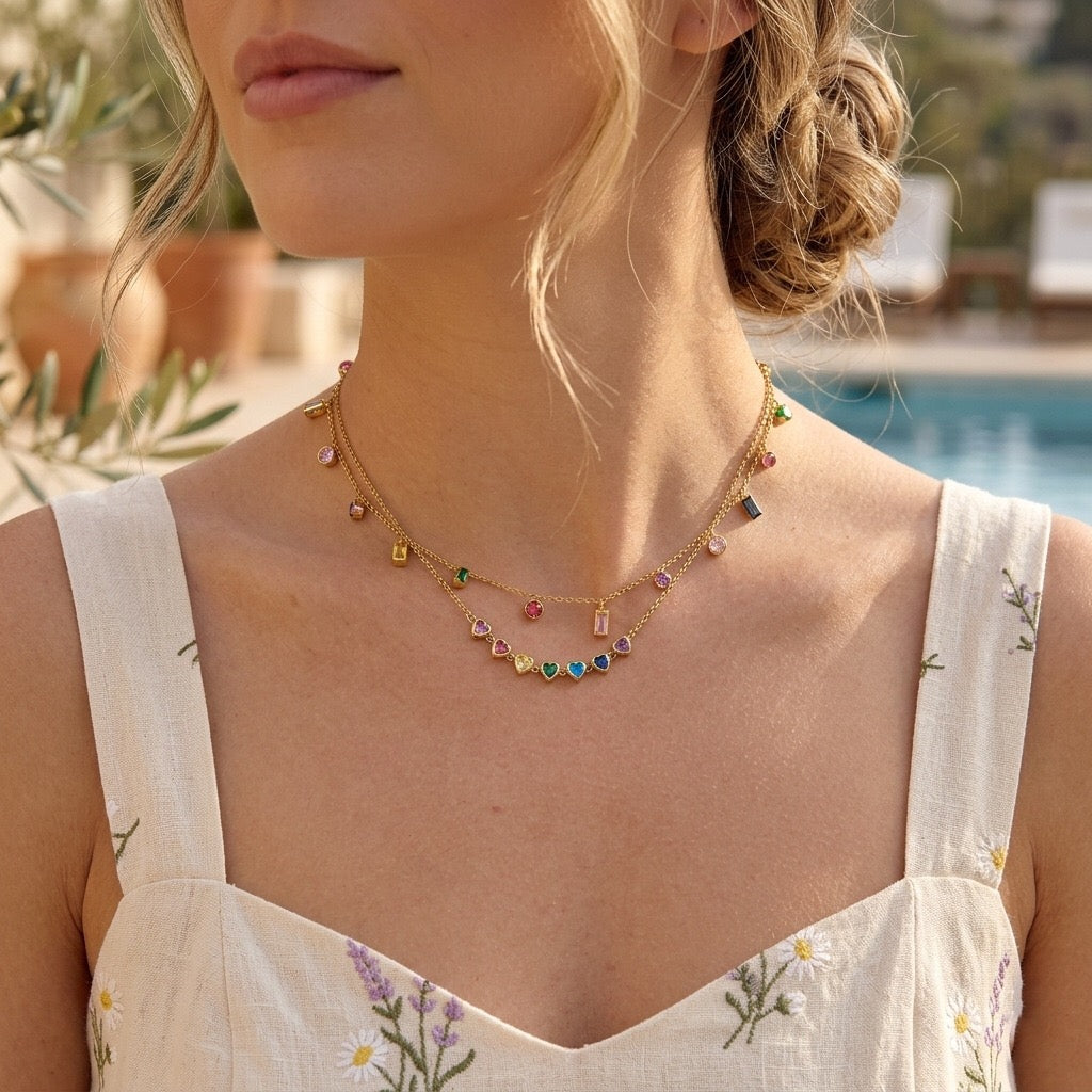 18K Gold Color Me Yours Rainbow Heart Pendant Dainty Chain Layered Necklace Set