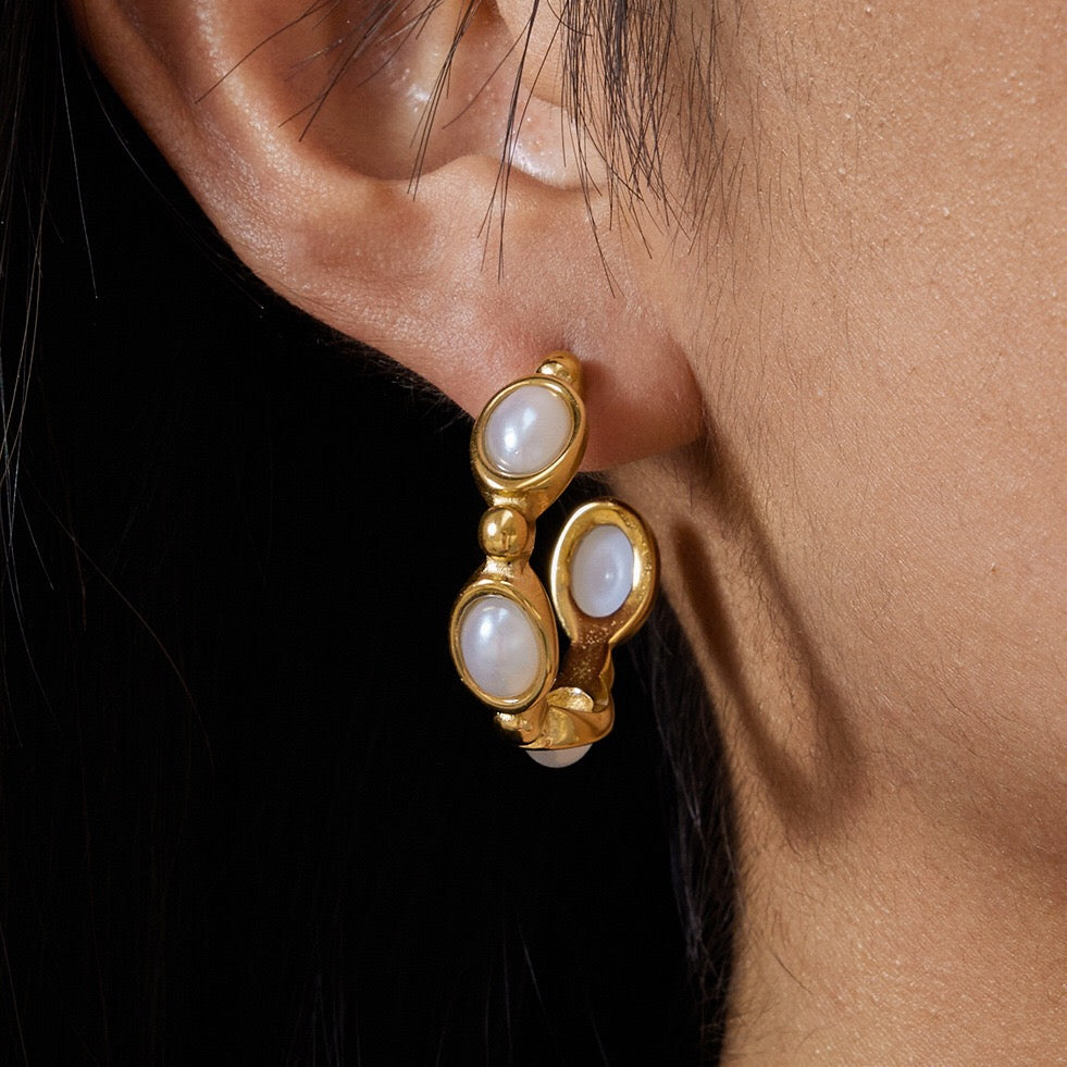 18K Gold Modern Charm Pearl Turquoise Hoop Earrings