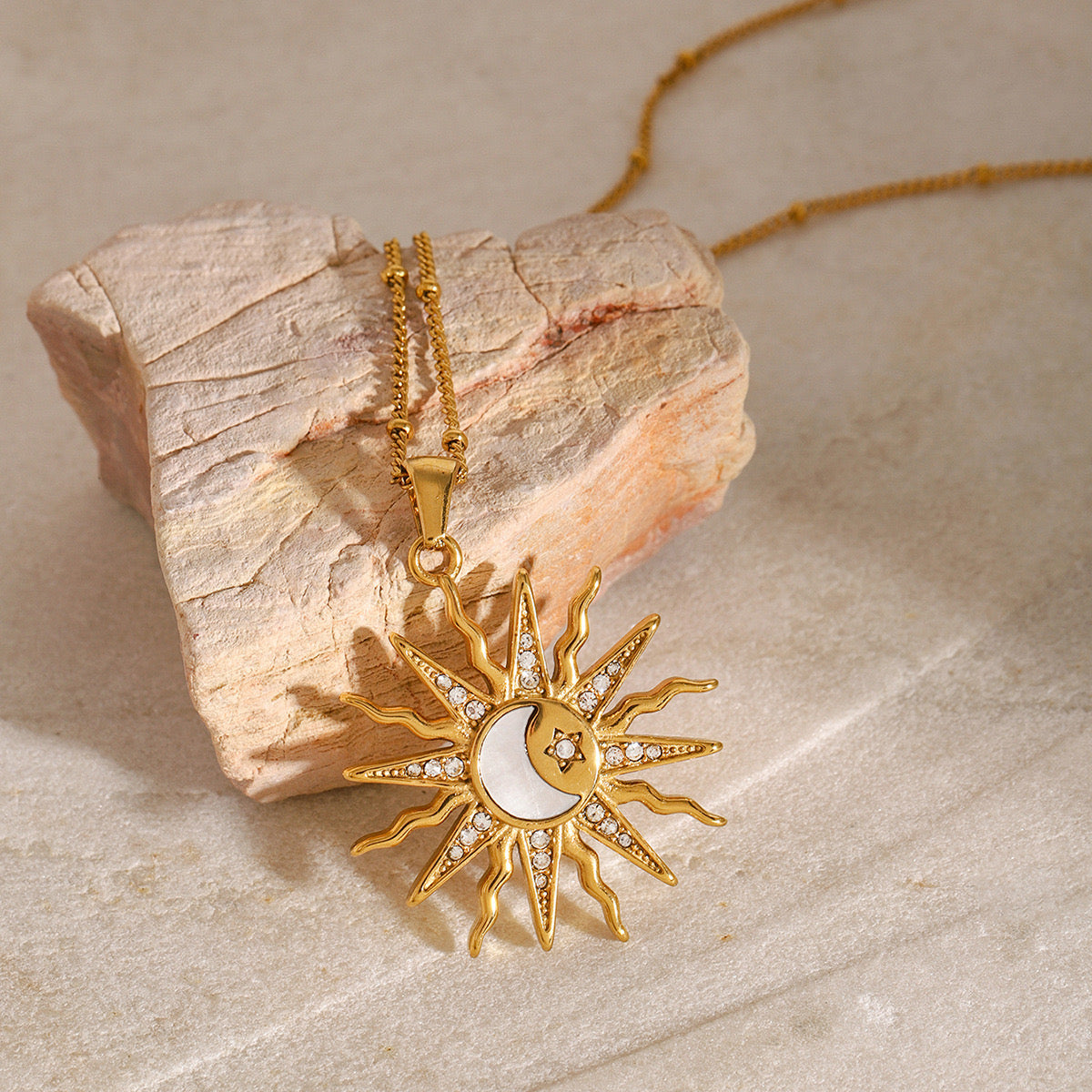 18K Gold Bright Sun Pendant Statement Long Necklace