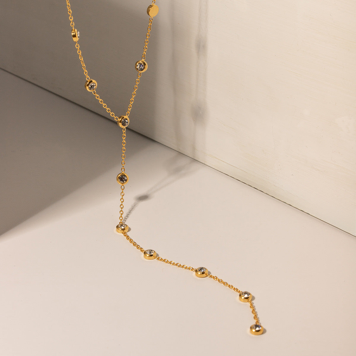 18K Gold Starry Crystal Lariat Necklace