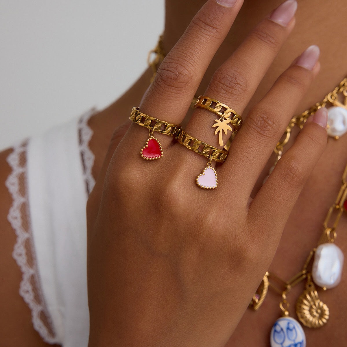 18K Gold Heart Palm Tree Charm Chain Band Ring