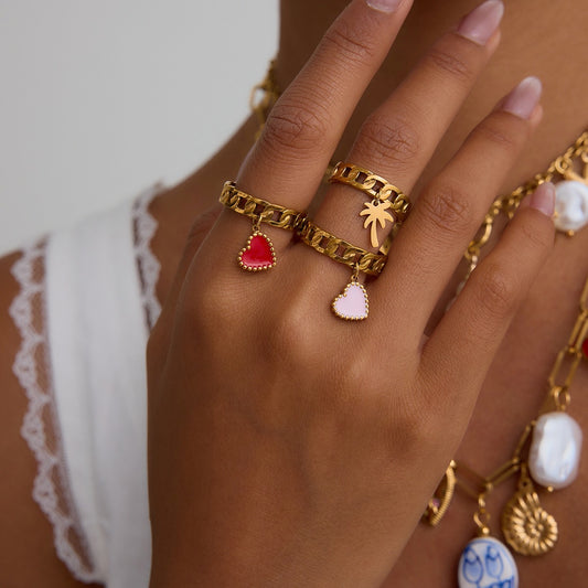 18K Gold Heart Palm Tree Charm Chain Band Ring