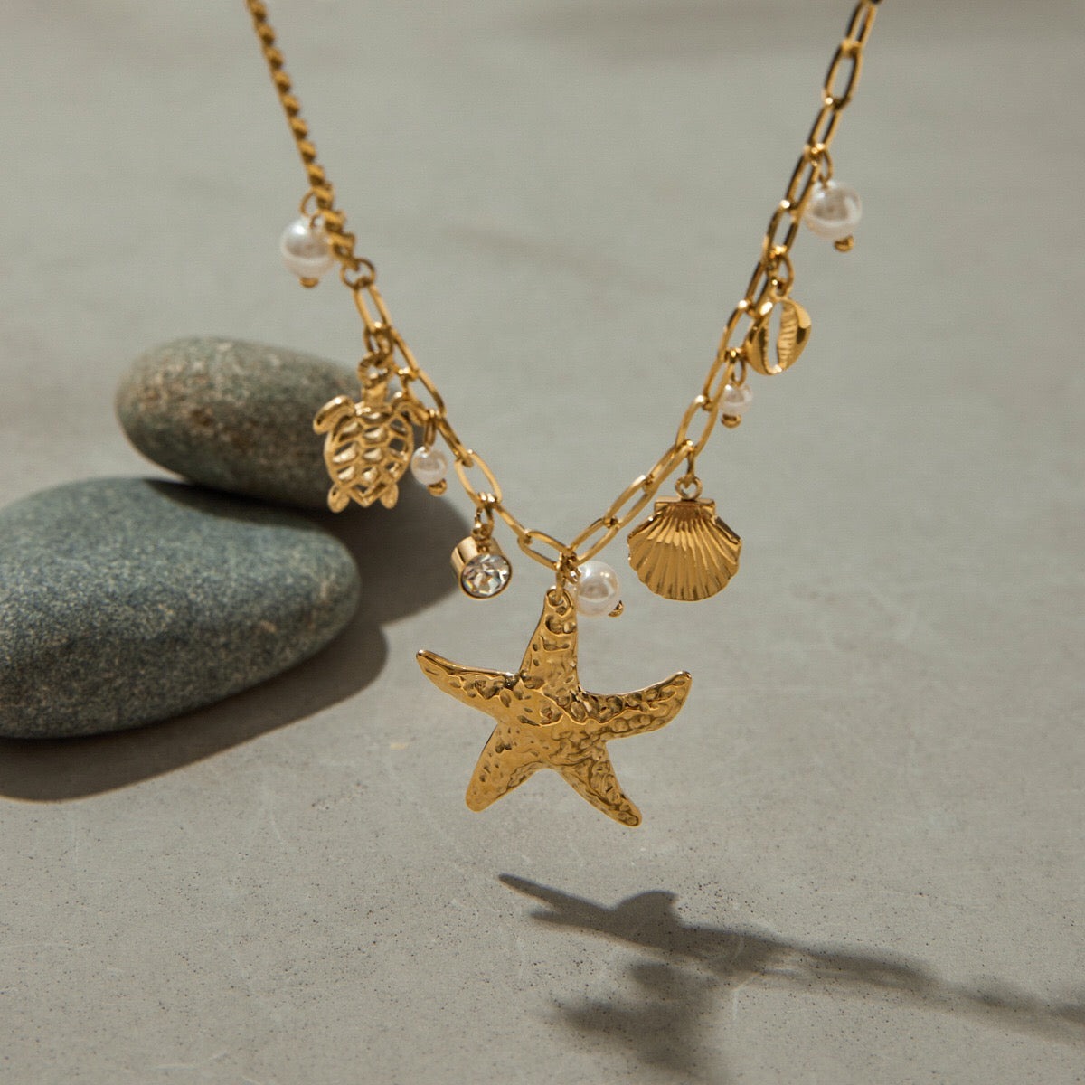 18K Gold Starfish Beach Pearl Beads Charm Necklace