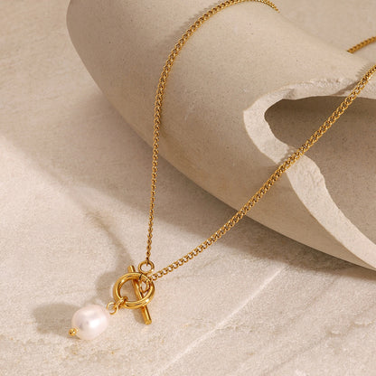 18K Gold Simple Pearl Pendant Toggle Chain Necklace