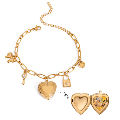 18K Gold Heart Locket Charm Bracelet