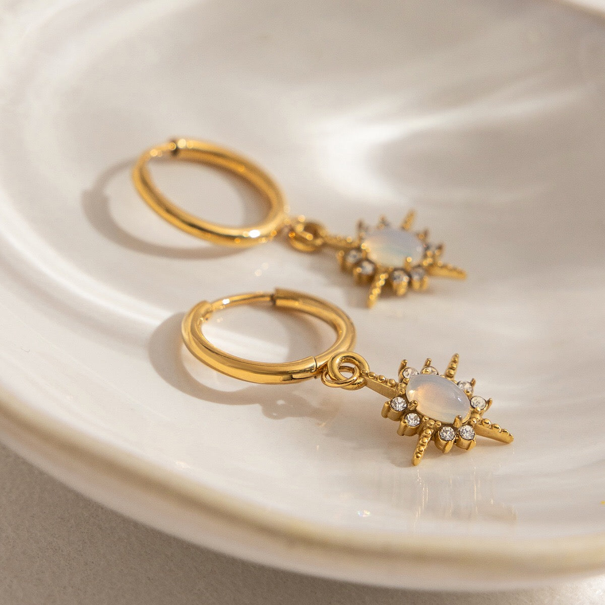 18K Gold Northern Star Opal Small Hoop Dangle Huggie Earrings