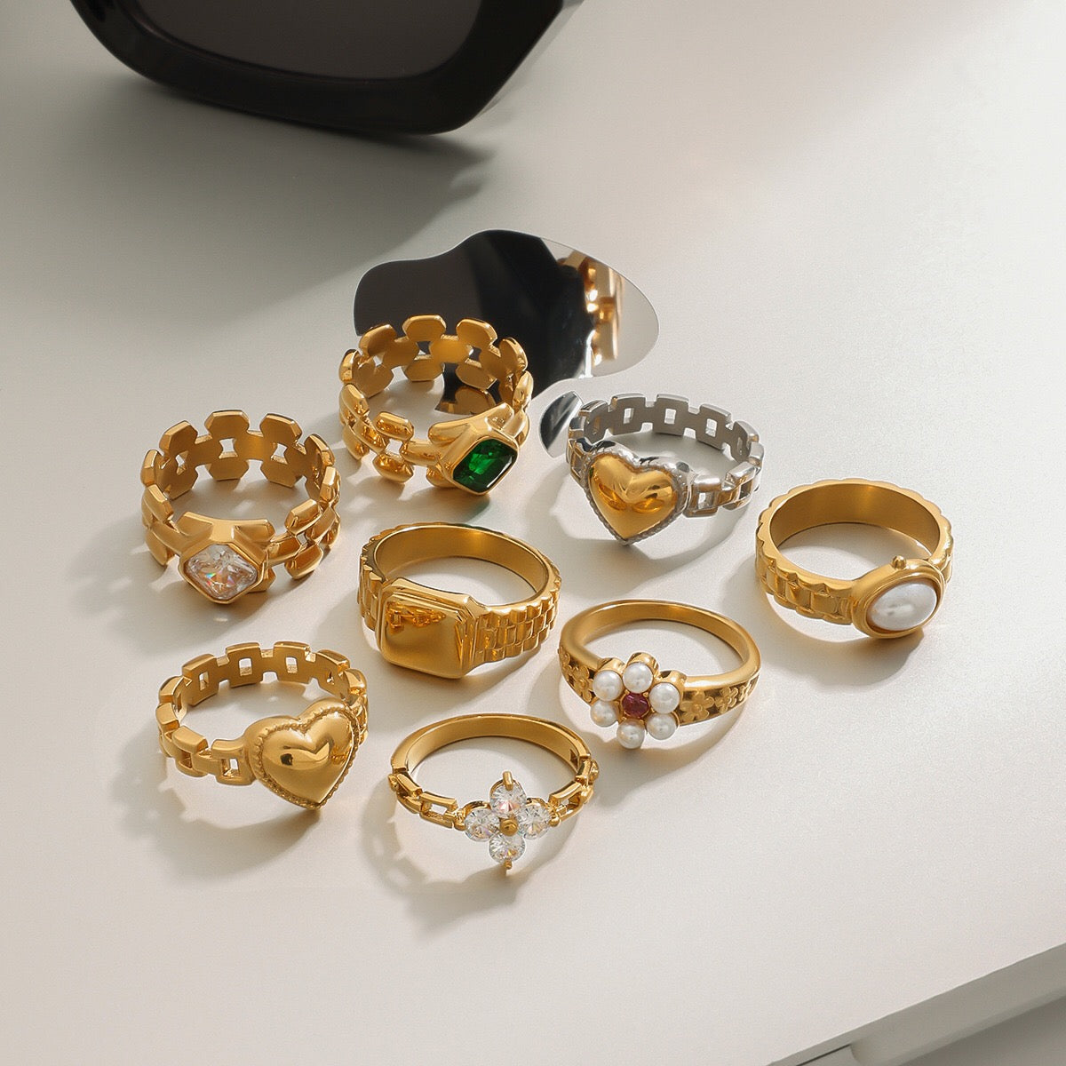 18K Gold Watch Band Flower Heart Statement CZ Stacking Ring