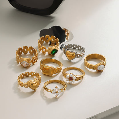 18K Gold Watch Band Flower Heart Statement CZ Stacking Ring