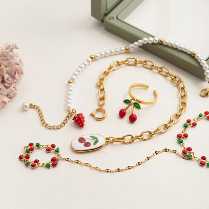 18K Gold Waterproof Red Cherry Trendy Hand Jewelry Chain Bracelet