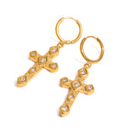 18K Gold Bling Cross Huggie Earrings with Charm