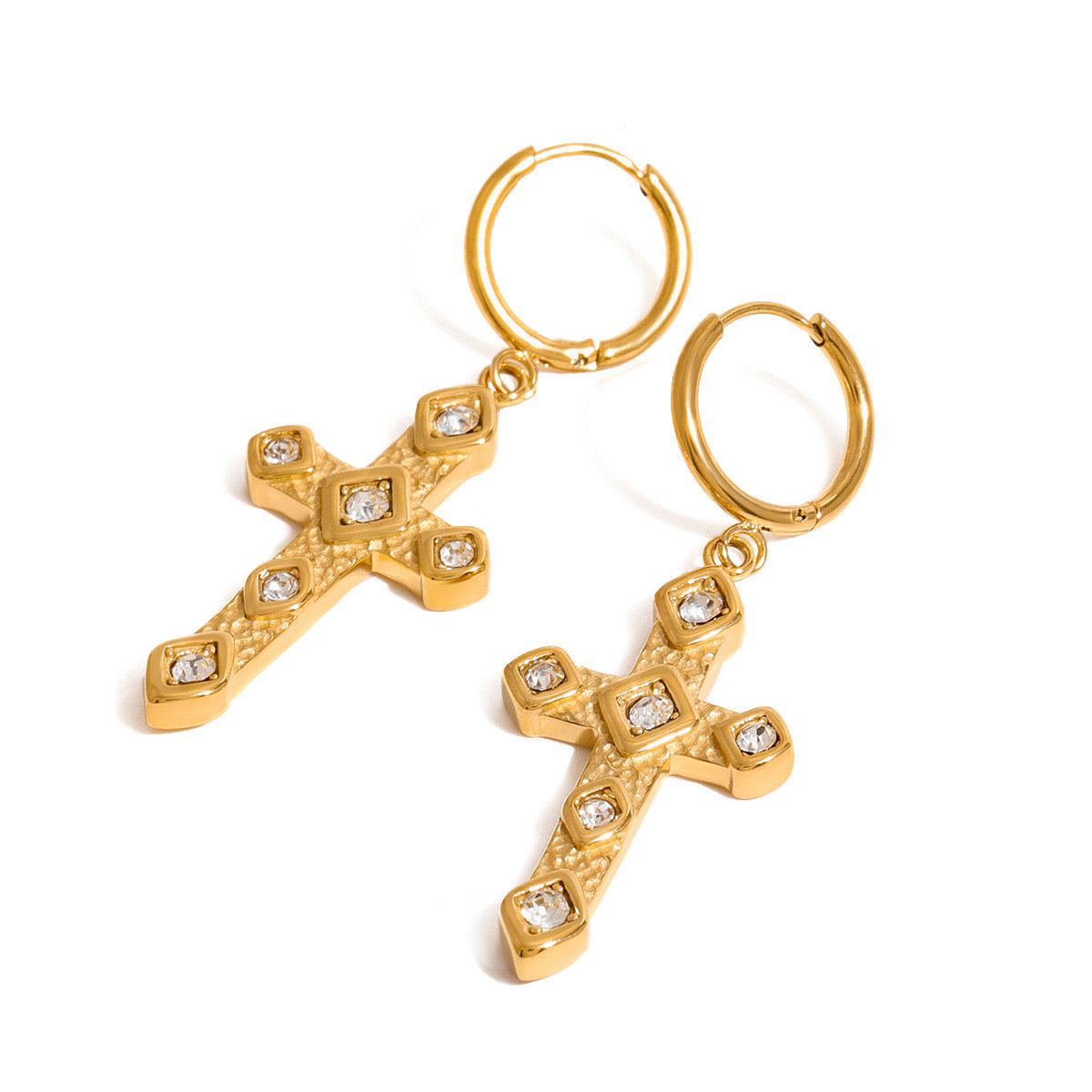 18K Gold Bling Cross Huggie Earrings with Charm