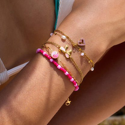 18K Gold Hot Pink Beaded Flower Bow Heart Chain Bracelet Stack