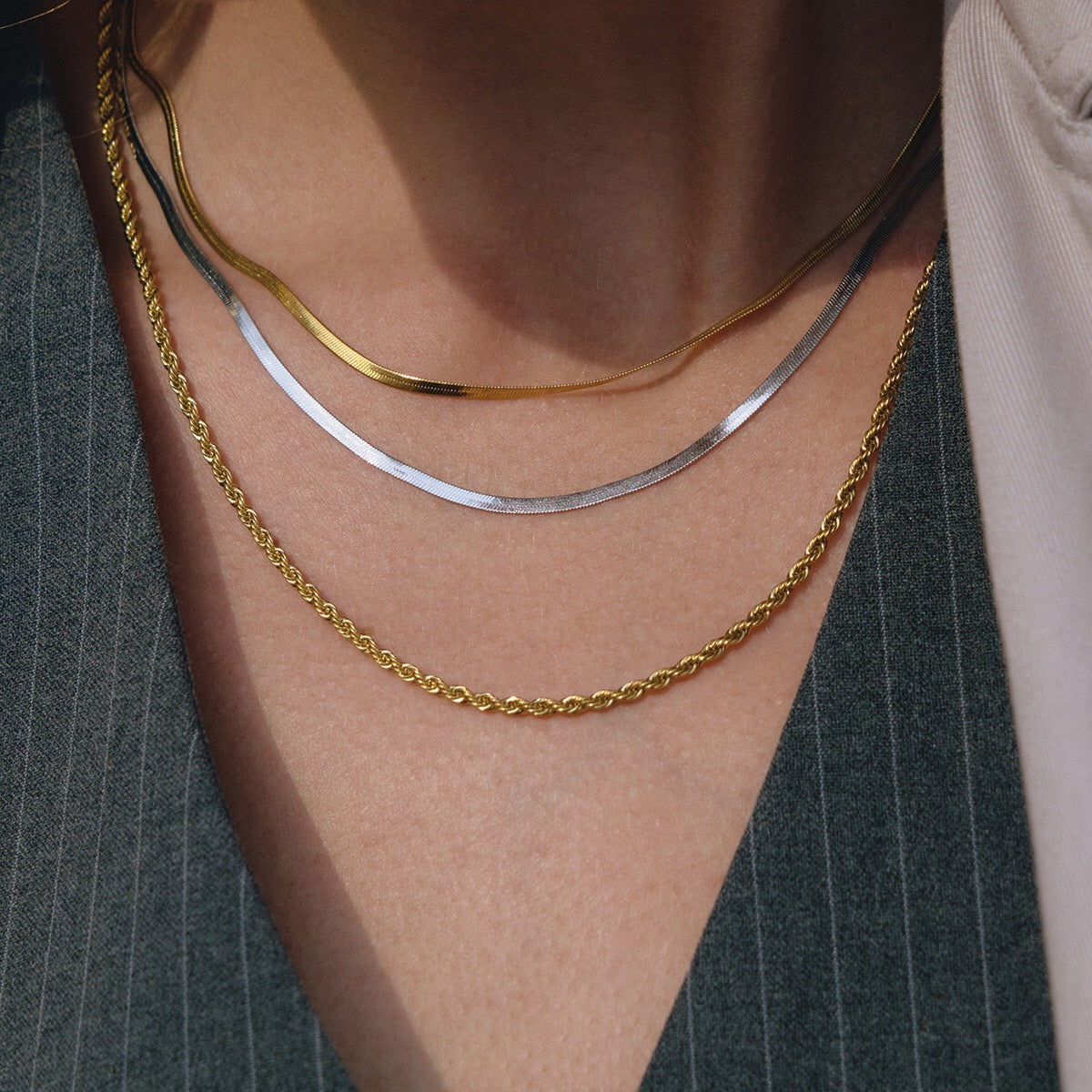 18K Gold and Silver Two Tone Herringbone Snake Rope Chain Layered Necklace Set
