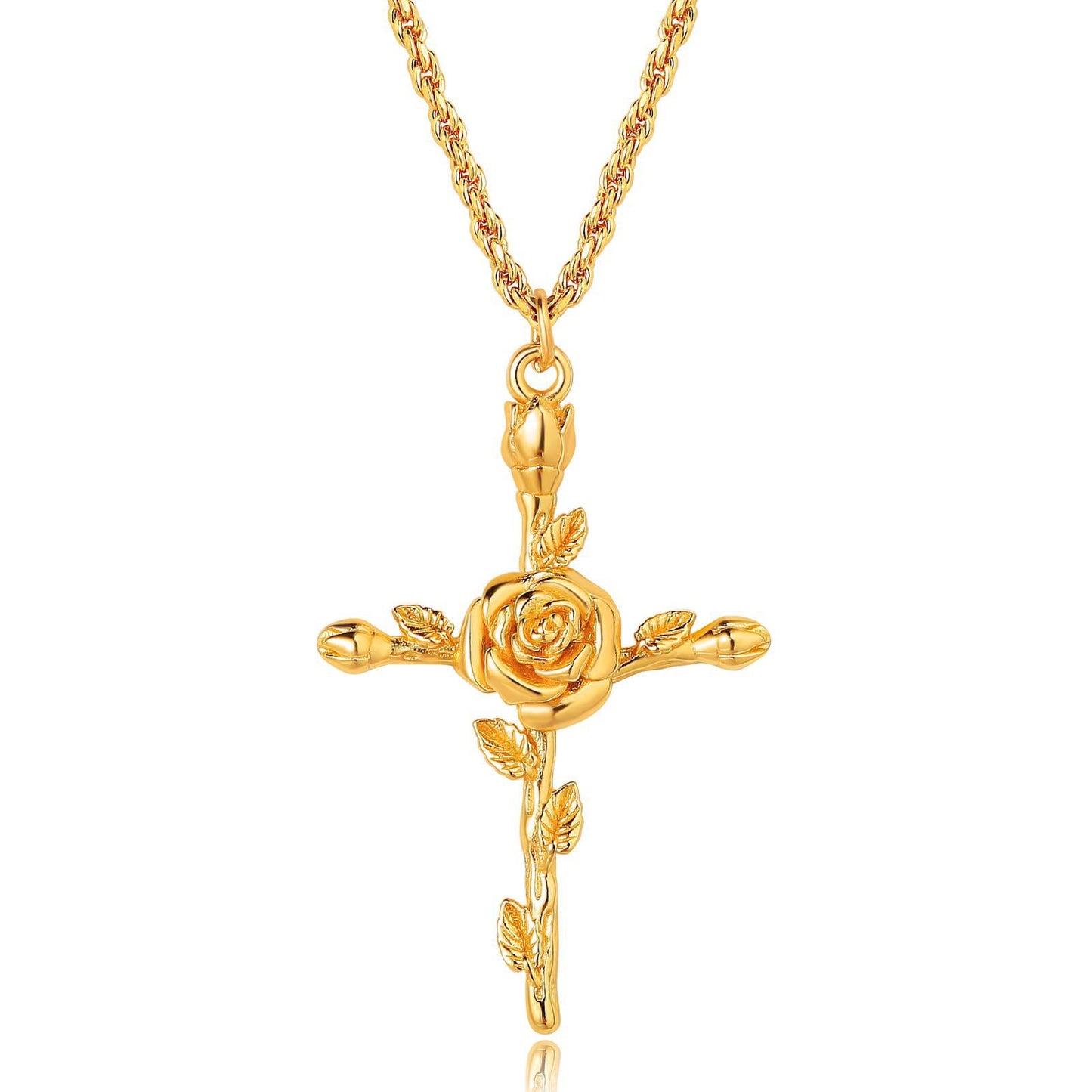 18K Gold Birth Flower Cross Pendant Necklace