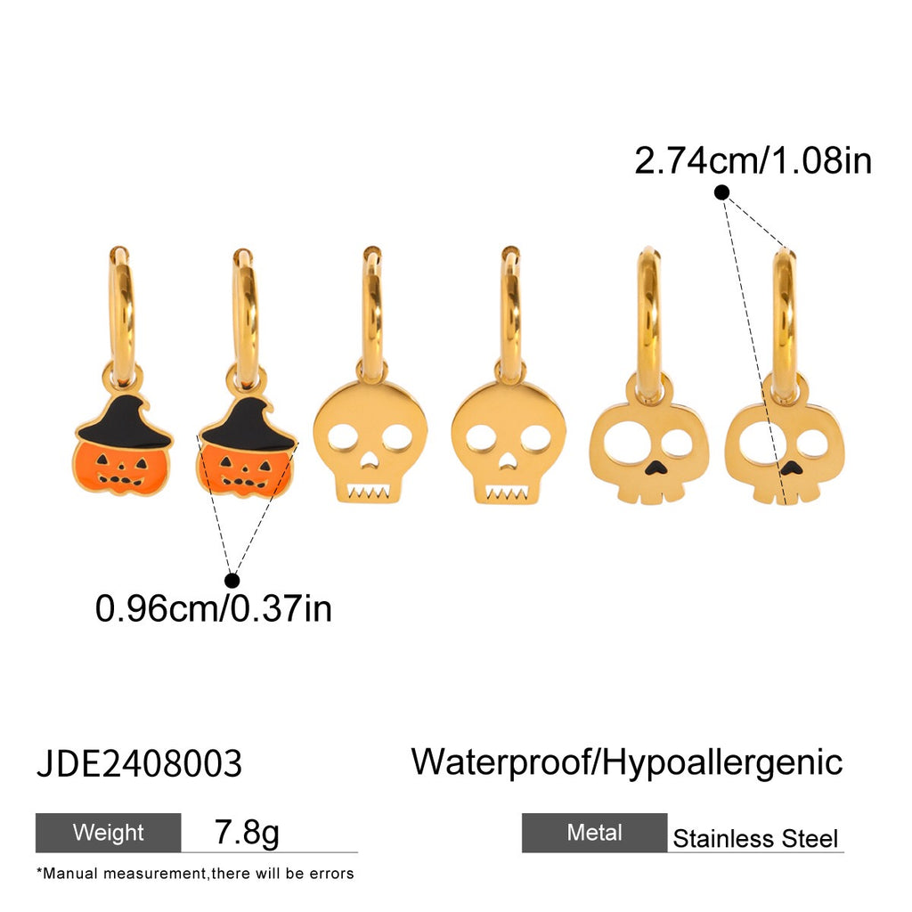 18K Gold Halloween Pumpkin Skull Small Hoop Huggie Earrings with Charm