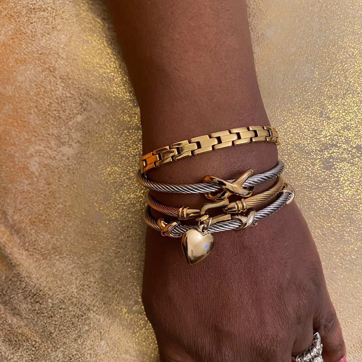 18K Gold and Silver Two Tone Heart Charm Bangle Bracelets