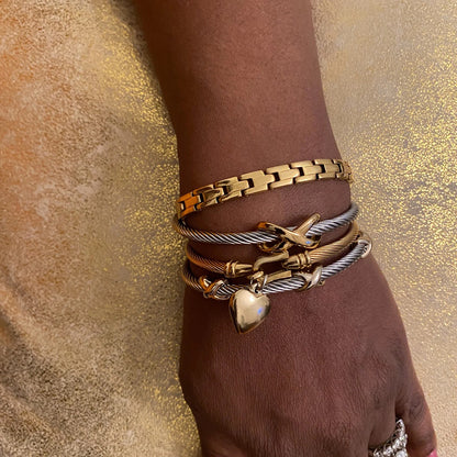 18K Gold and Silver Two Tone Heart Charm Bangle Bracelets