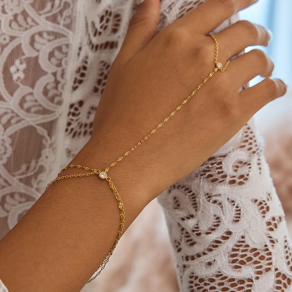 18K Gold Simple Bling Dainty Hand Chain Bracelet
