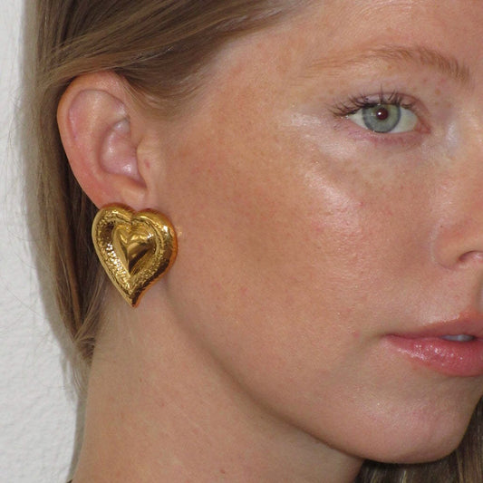 18K Gold Love Hard Heart Statement Stud Earrings