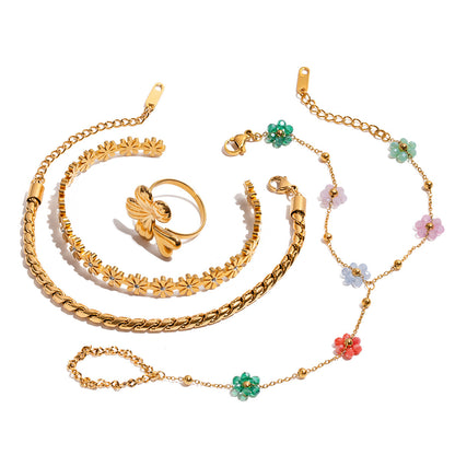 18K Gold Waterproof Color Beaded Flower Hand Chain Bracelet