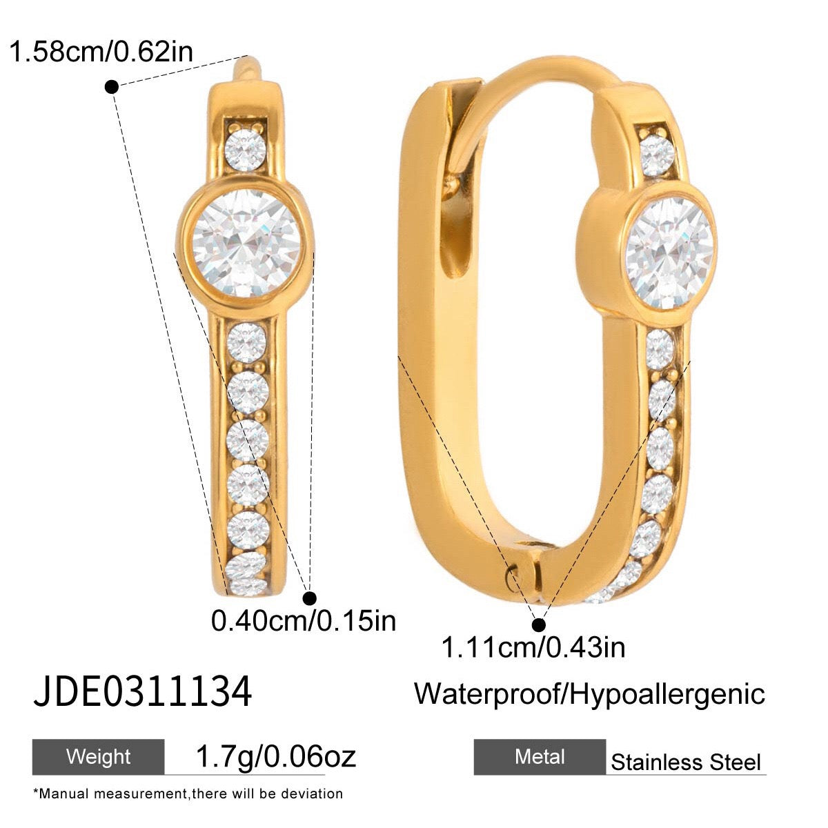 18K Gold Iced Frame Heart Small Rectangle Hoop Huggie Earrings