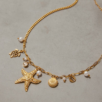 18K Gold Starfish Beach Pearl Beads Charm Necklace