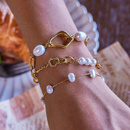 18K Gold Golden Form Pearl Paperclip Chain Bracelet Stack