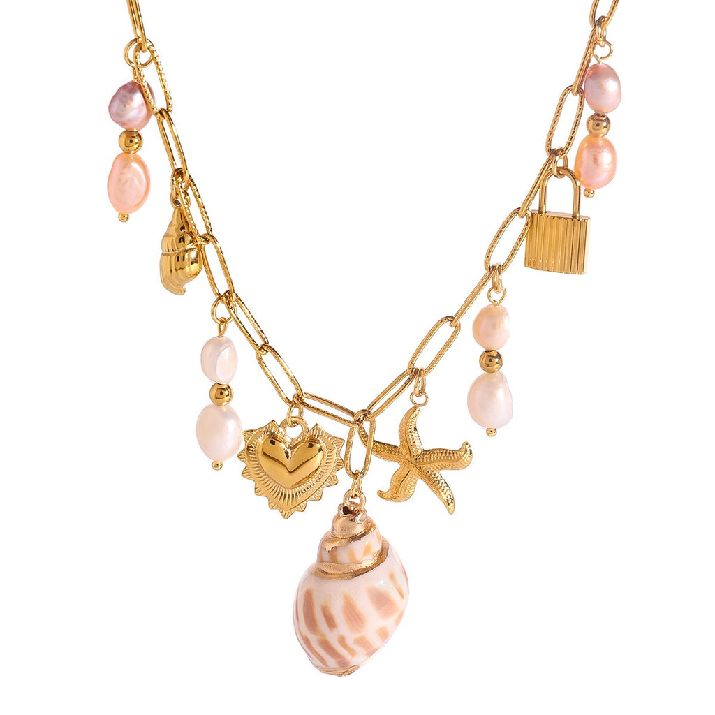 18K Gold Summer Seashell Pearl Statement Charm Necklace