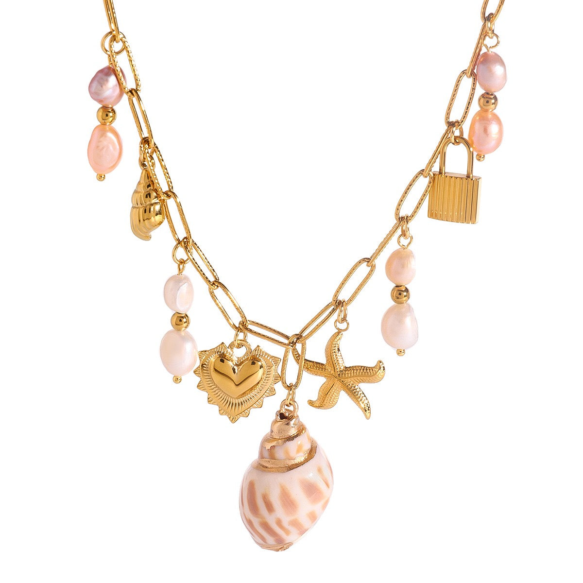 18K Gold Summer Seashell Pearl Statement Charm Necklace