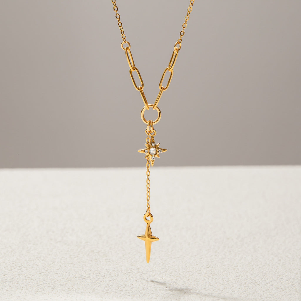 18K Gold Starry Y Shape Pendant Heart Tennis Chain Paperclip Layered Necklace Set