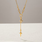 18K Gold Starry Y Shape Pendant Heart Tennis Chain Paperclip Layered Necklace Set