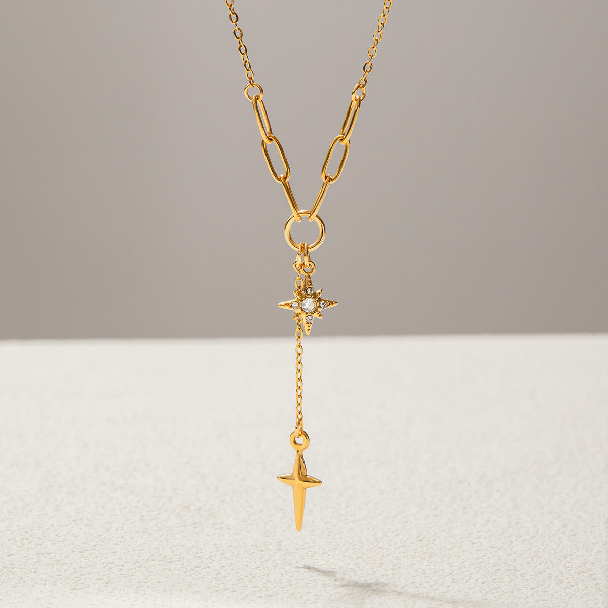 18K Gold Starry Y Shape Pendant Heart Tennis Chain Paperclip Layered Necklace Set